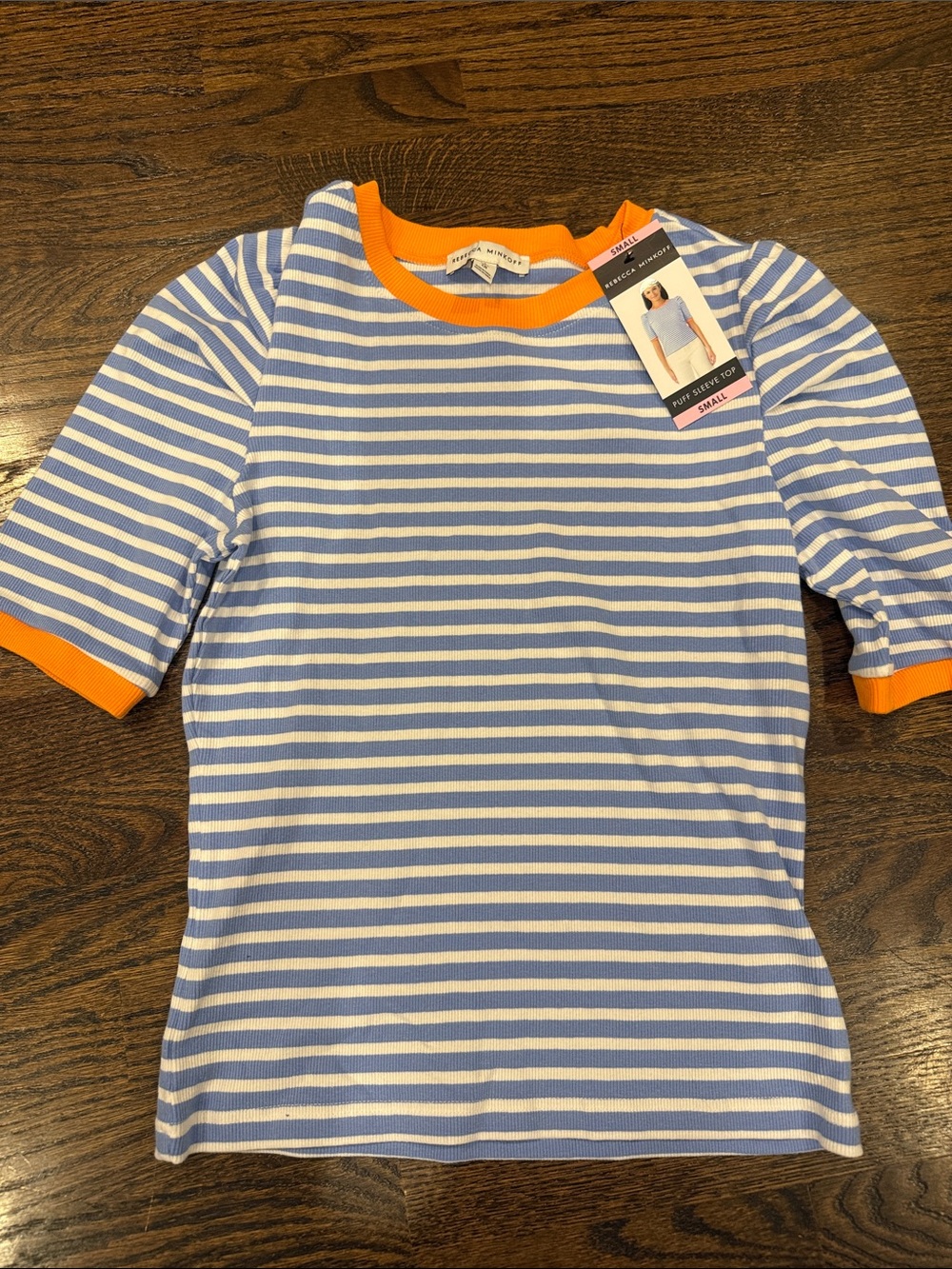 Rebecca Minkoff Blue & White Striped Kids Tee with Orange Trim